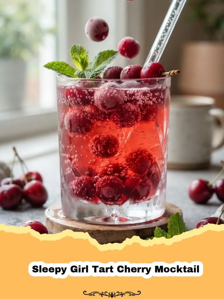 A glass of Sleepy Girl Tart Cherry Mocktail with ice and a lime garnish
