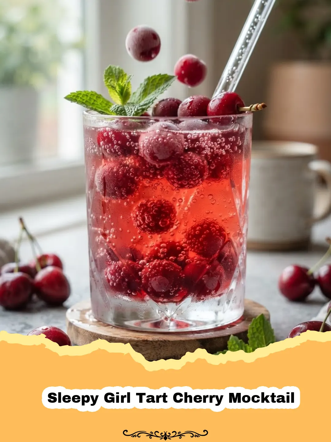 A glass of Sleepy Girl Tart Cherry Mocktail with ice and a lime garnish