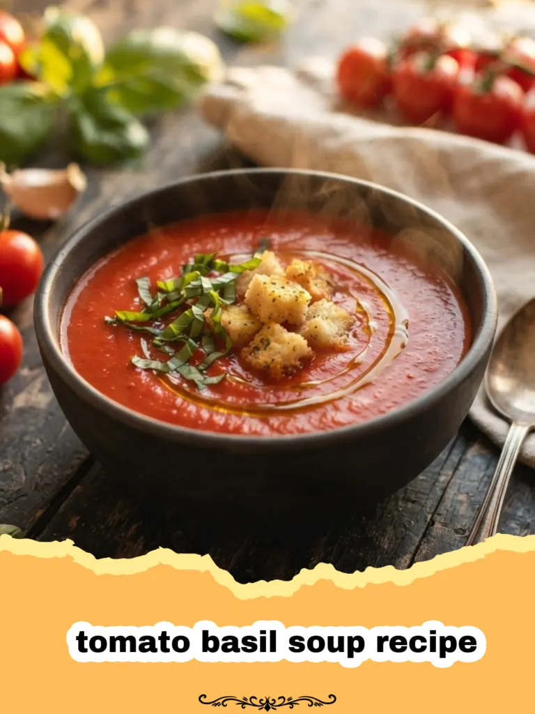 My Family's Favorite Creamy Tomato Basil Soup Recipe 5 tomato basil soup recipe - A close-up shot of a creamy tomato basil soup in a white bowl, garnished with fresh basil leaves, next to a grilled cheese sandwich.