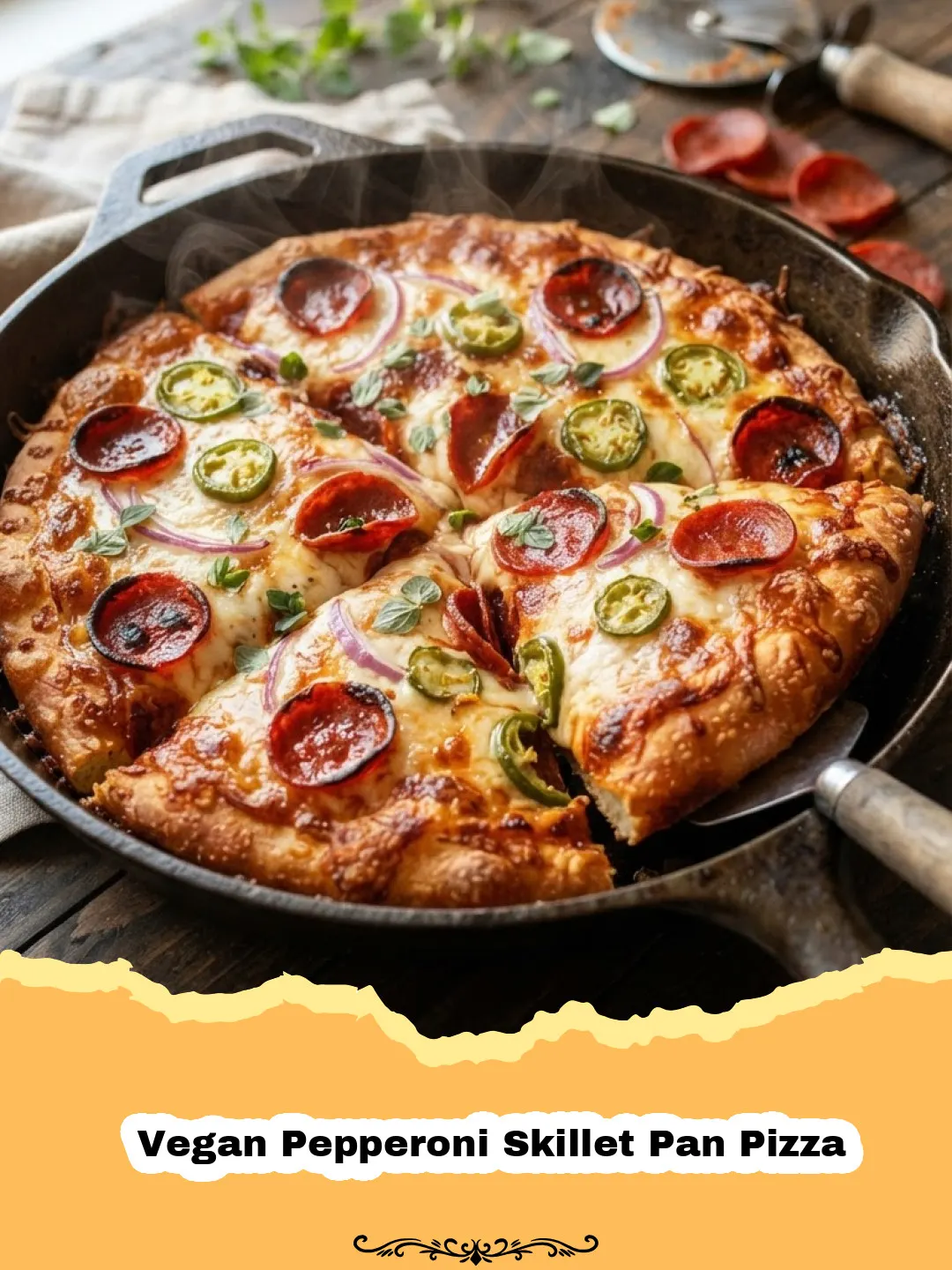 Homemade Vegan Pepperoni Skillet Pan Pizza: The Ultimate Crispy Crust Guide 3 A crispy Vegan Pepperoni Skillet Pan Pizza with bubbling cheese in a cast iron pan.