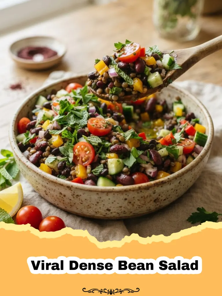 A vibrant and colorful Viral Dense Bean Salad in a large glass bowl featuring chickpeas, peppers, and fresh herbs.
